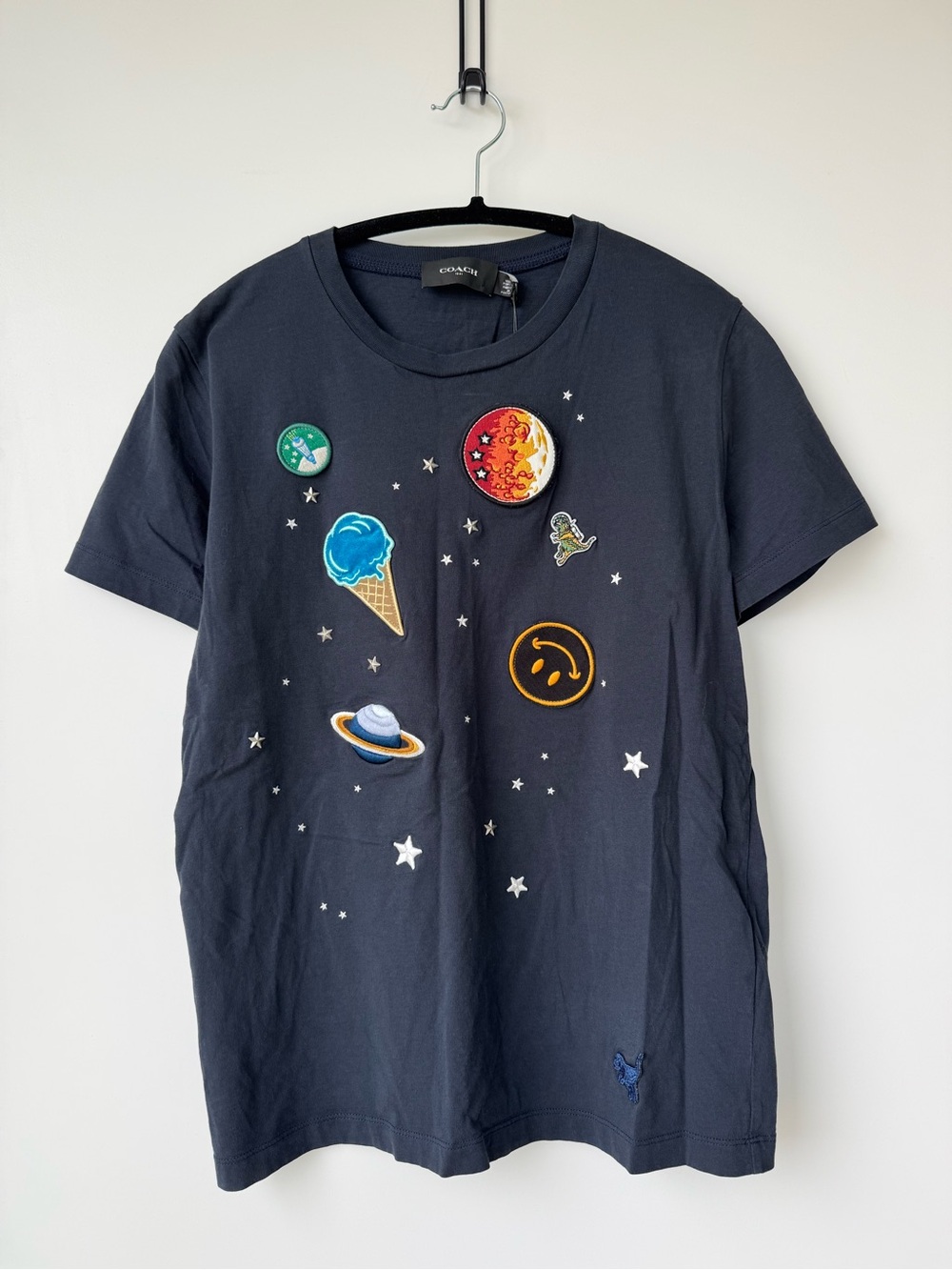 Coach 1941 Unisex Navy T-Shirt w Colorful Space & Ice Cream Patches Embroidery